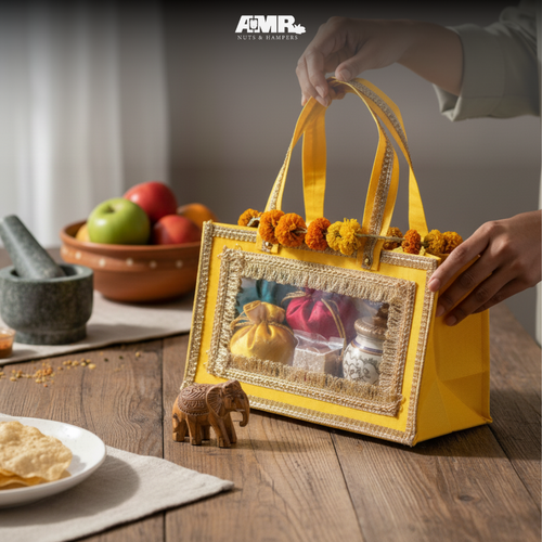 AMR Harvest Treasure Bag | Customisable Dry Fruit Gift Bag | Premium Embroidered Packaging | Yellow | Fill It Your Way