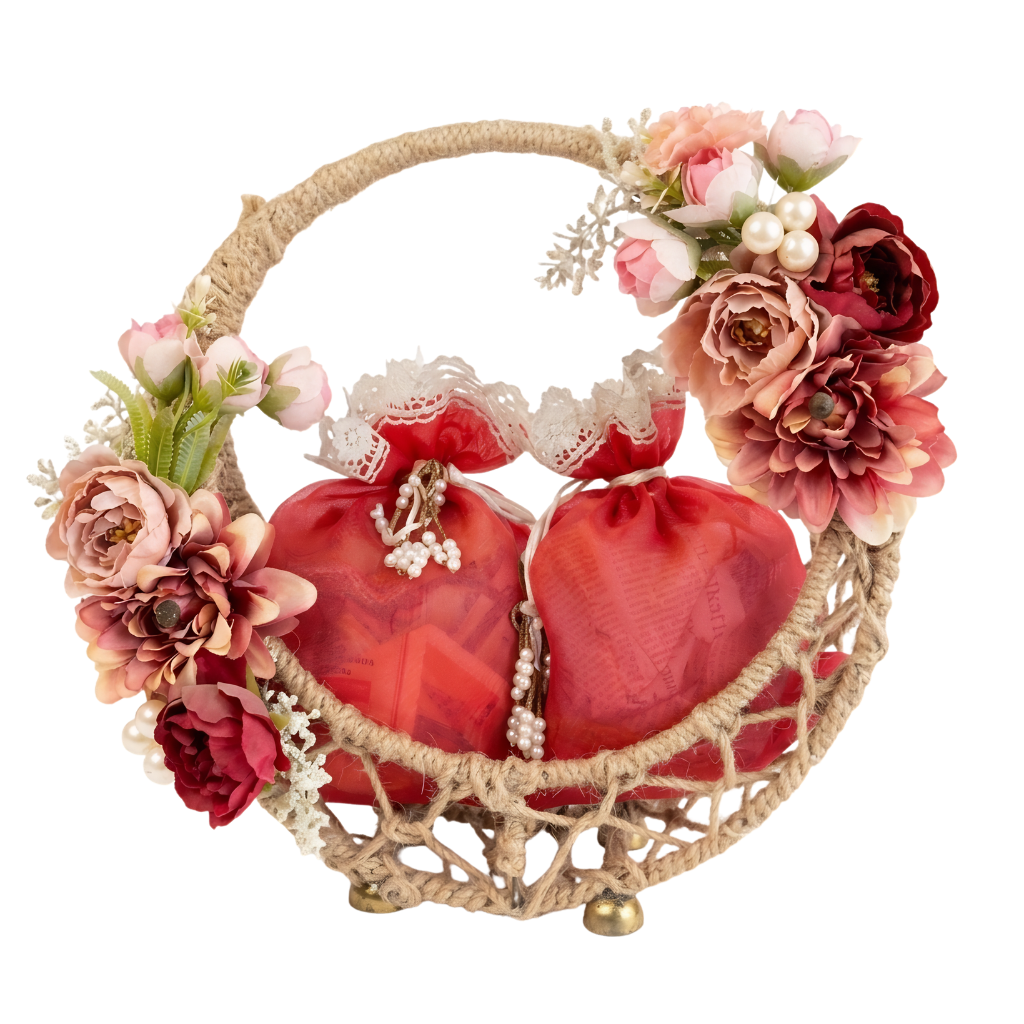 AMR Floral Potli Basket | Premium Almonds & Cashews | 2 Potlis × 500g | 1kg | Floral Jute Gift Basket