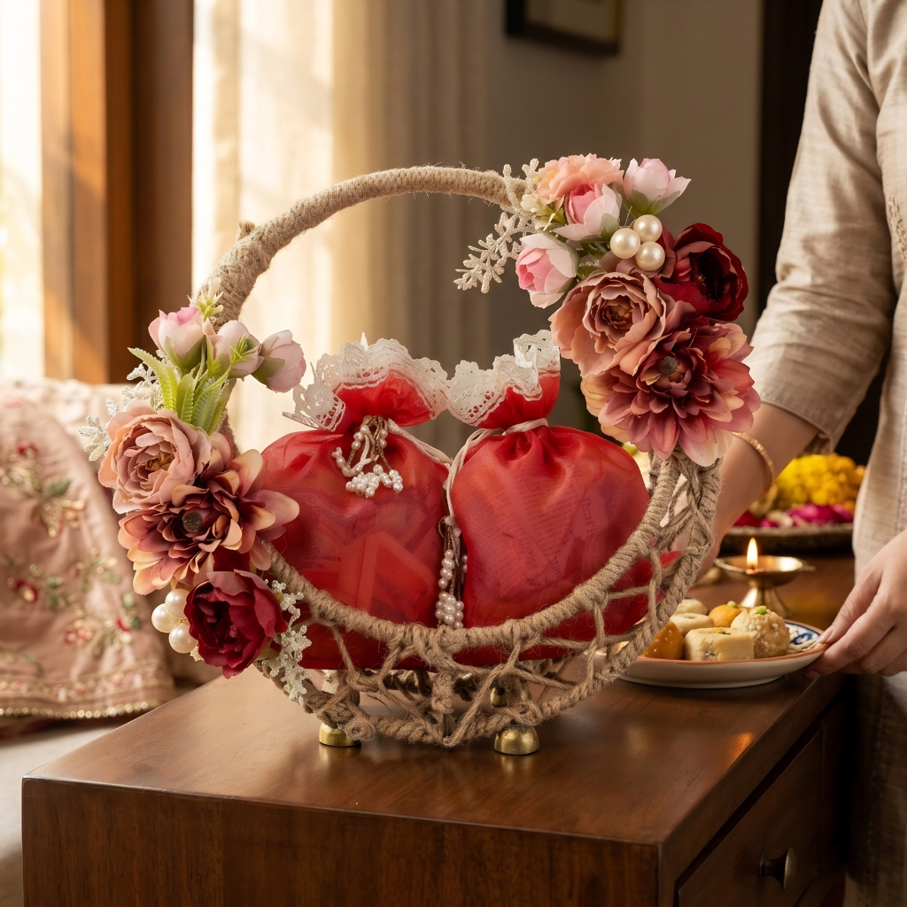 AMR Floral Potli Basket | Premium Almonds & Cashews | 2 Potlis × 500g | 1kg | Floral Jute Gift Basket