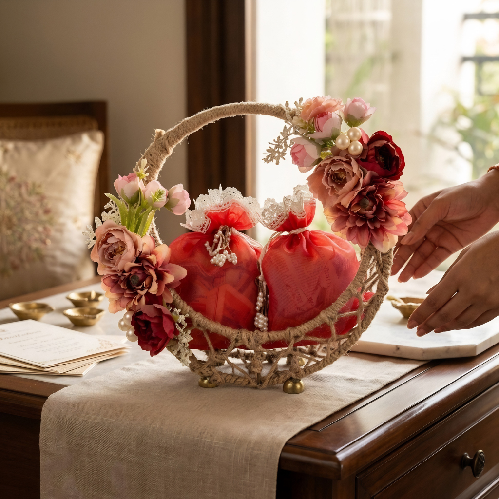 AMR Floral Potli Basket | Premium Almonds & Cashews | 2 Potlis × 500g | 1kg | Floral Jute Gift Basket